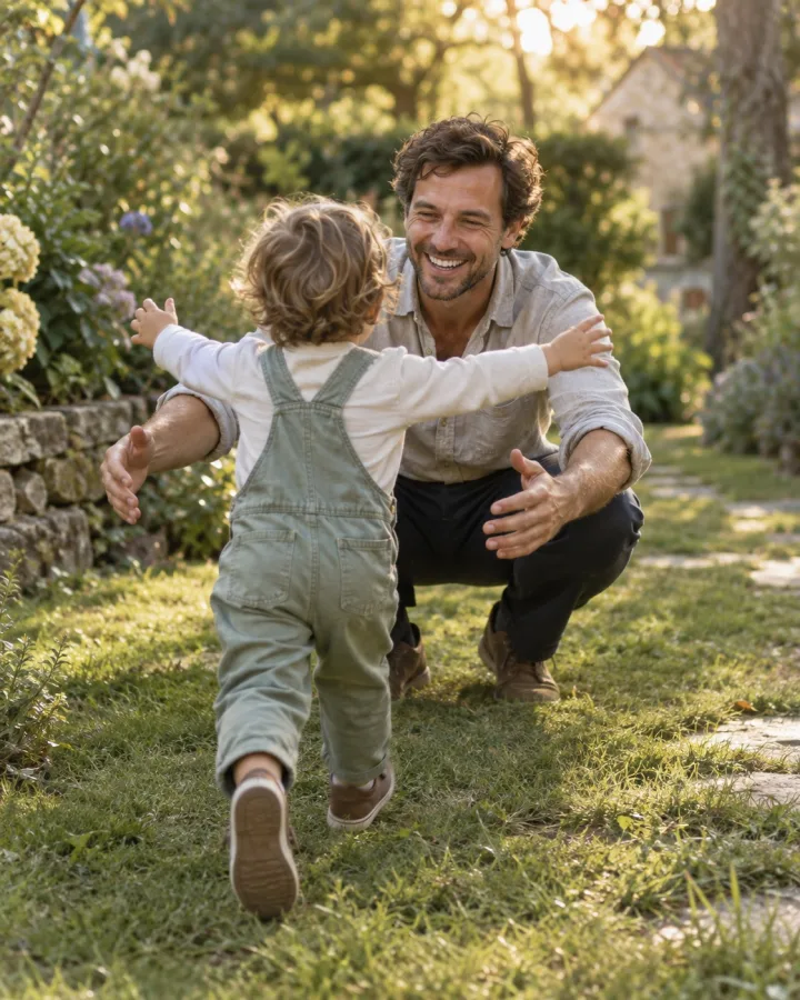 A toddler running into their father's arms in the garden.