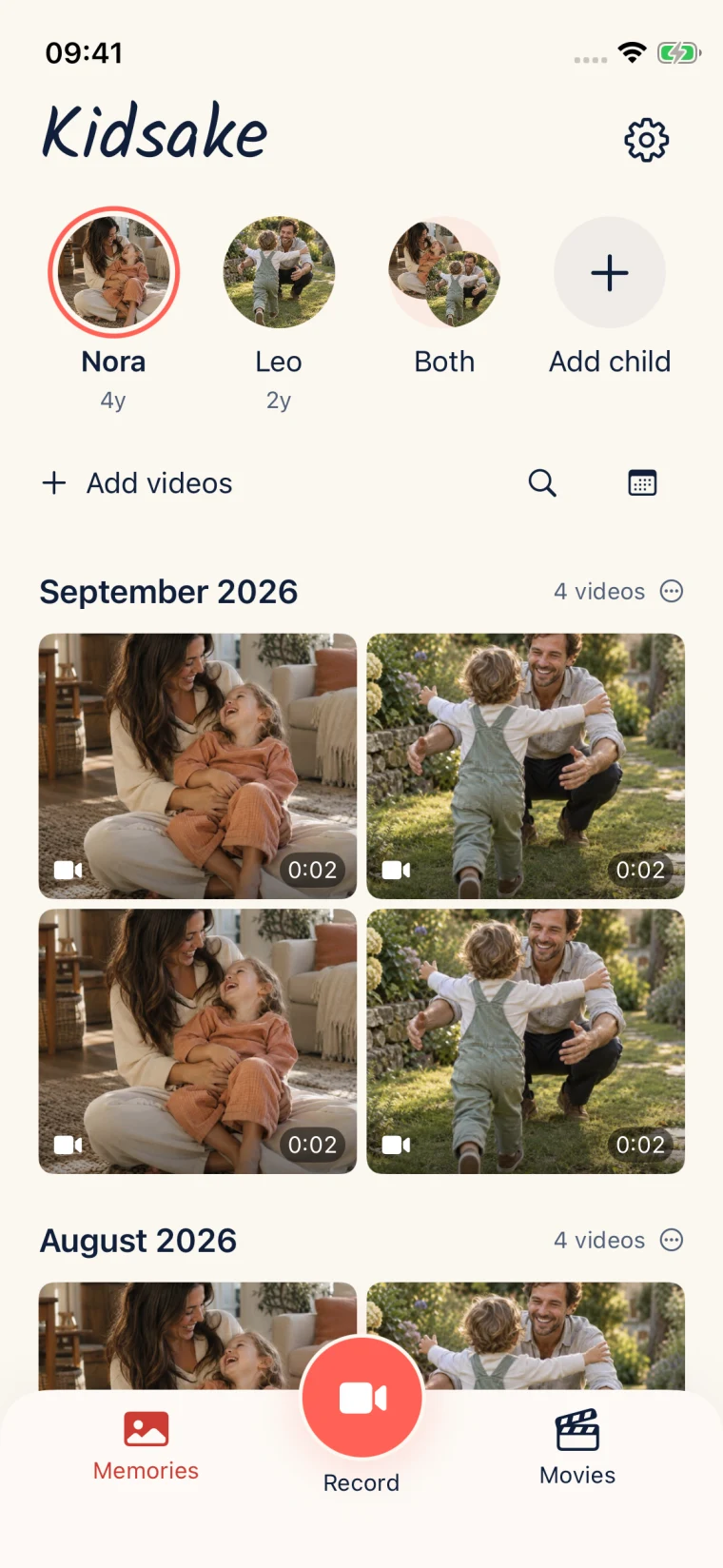Kidsake's Memories screen, with a child's video moments together in a monthly album.